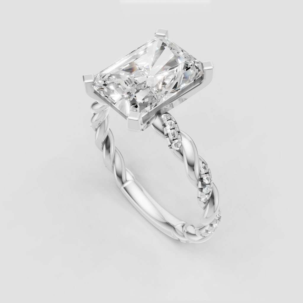 Radiant cut solitaire diamond ring with braided band design