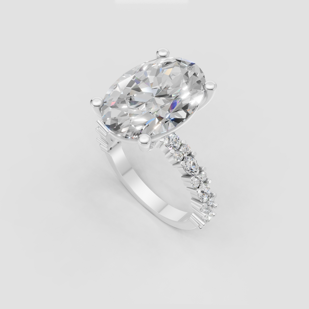 Oval diamond anniversary ring with four-prong basket setting