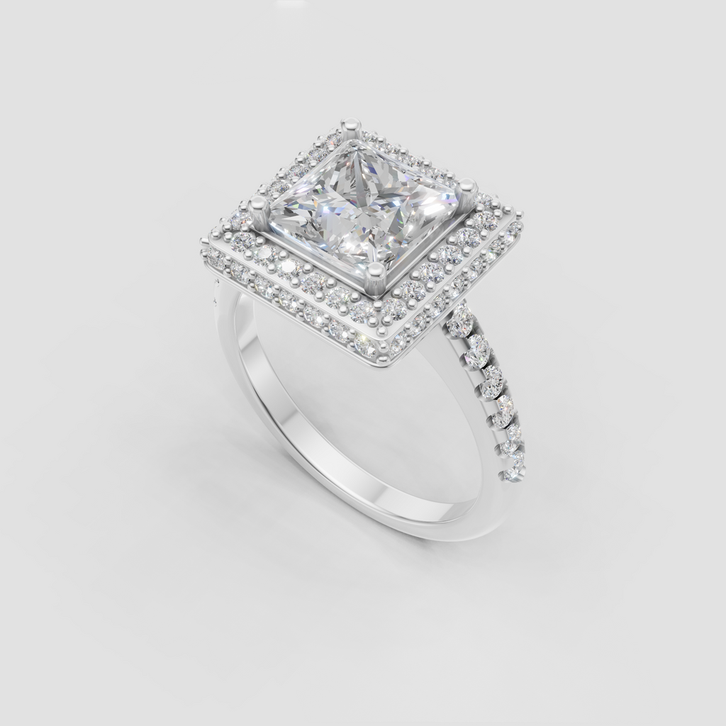 Square diamond engagement ring with double pave halo