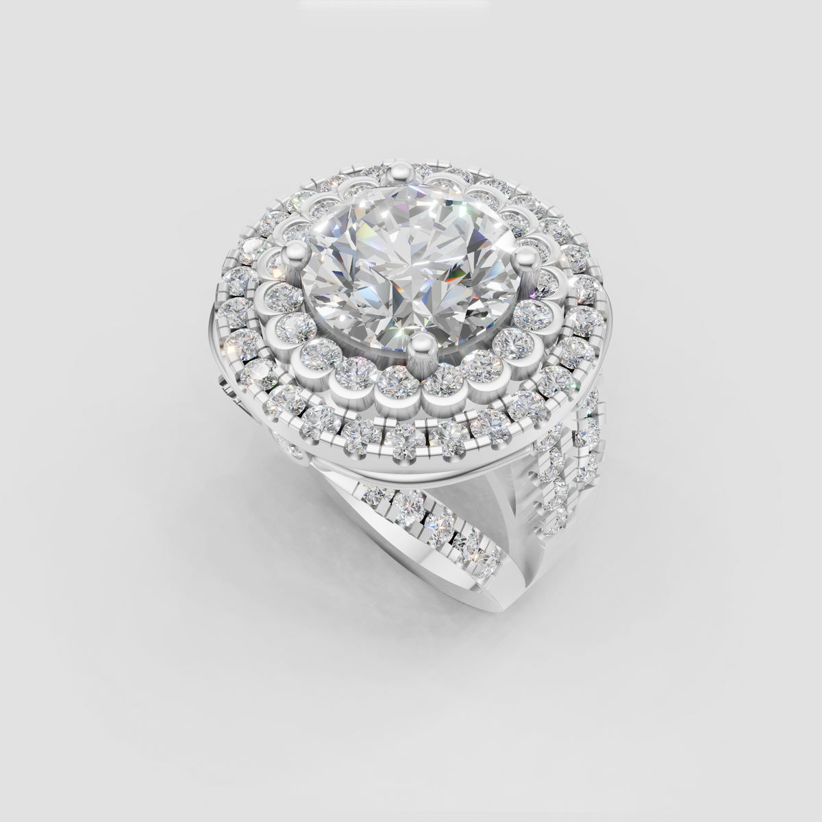 Round diamond ring featuring double halo setting and sparkling shoulder accents