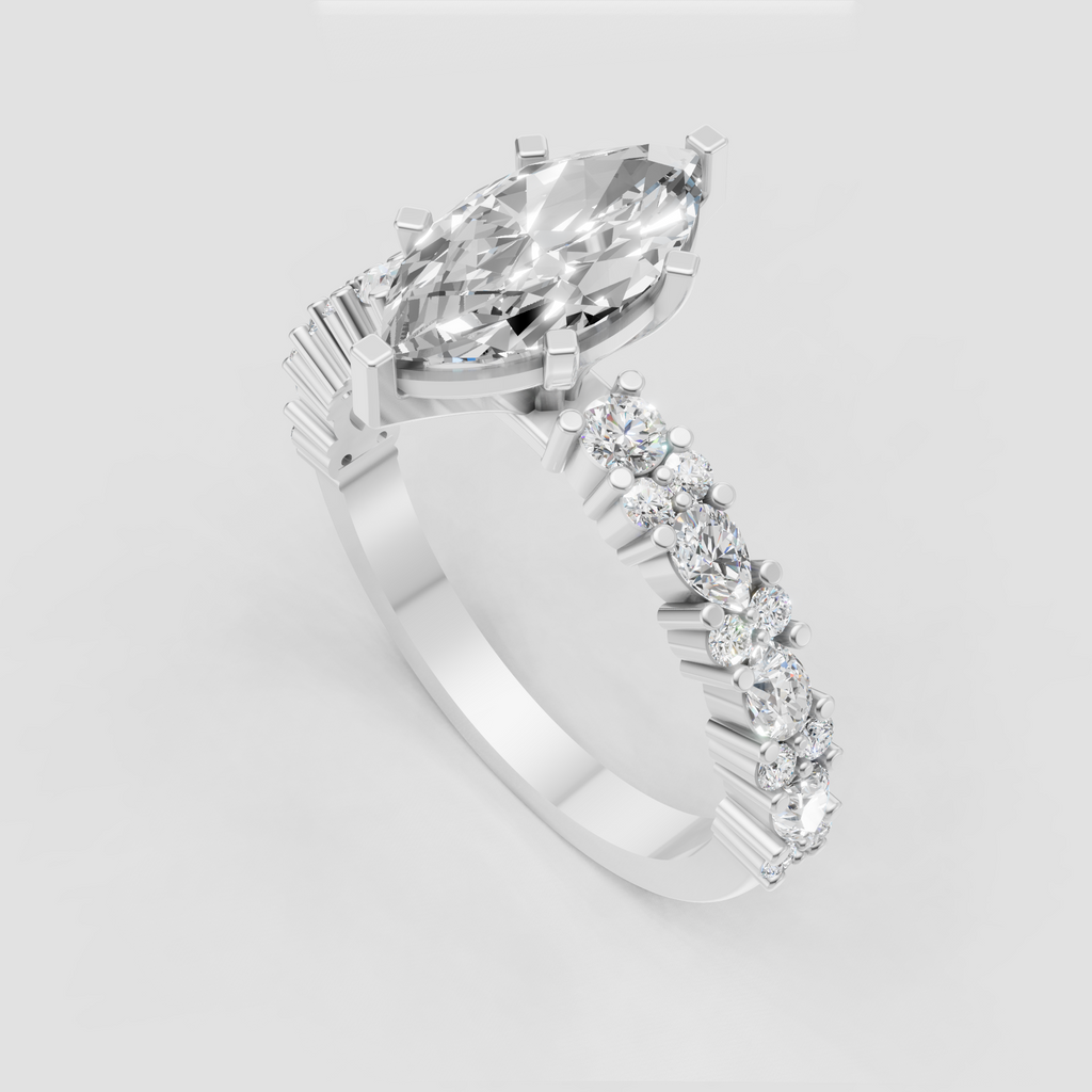 Marquise Diamond ring with sculpted cathedral gallery and side stones