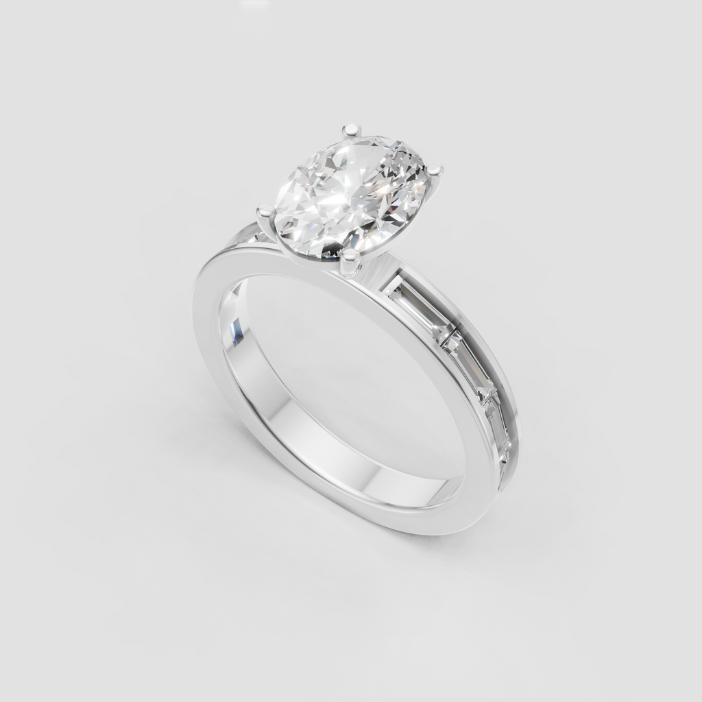 Four-prong oval diamond engagement ring with channel set side stones