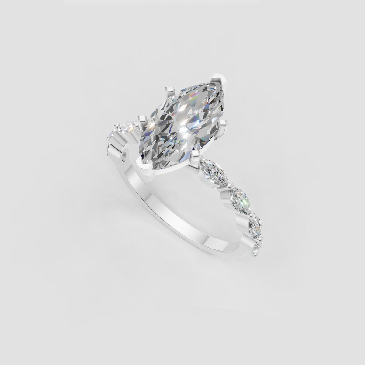 Marquise cut diamond ring featuring alternating side stones