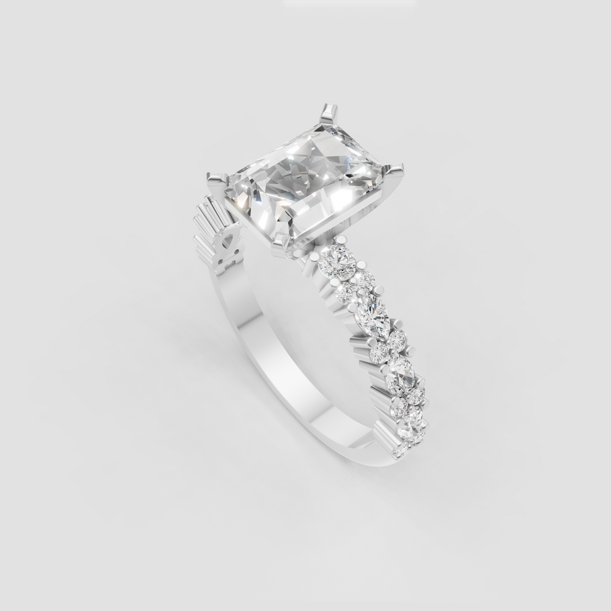 Modern radiant cut diamond engagement ring with four-prong solitaire setting