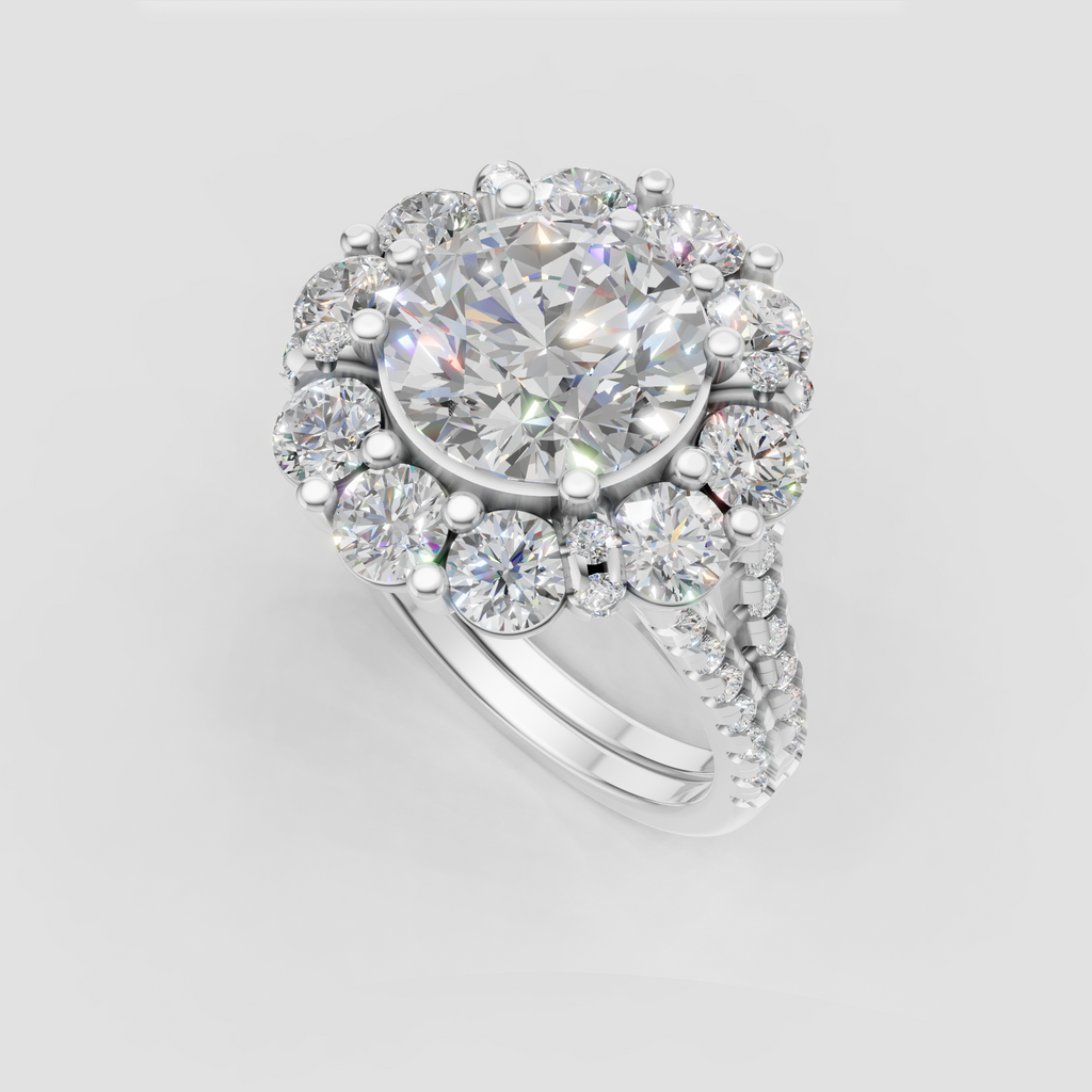 Round diamond halo ring featuring intricate gold prong detailing