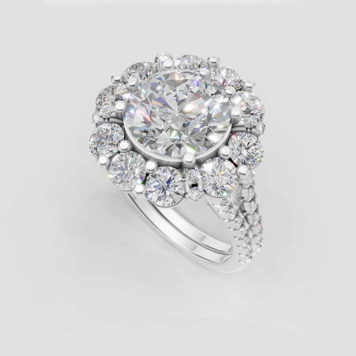 Round diamond halo ring featuring intricate gold prong detailing