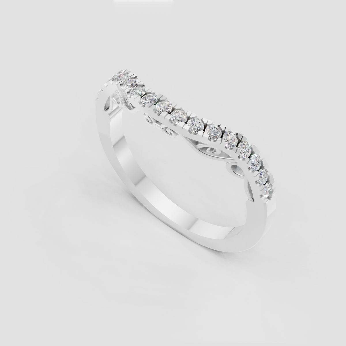 Round diamond wedding band with scalloped bead-style setting and scrollwork