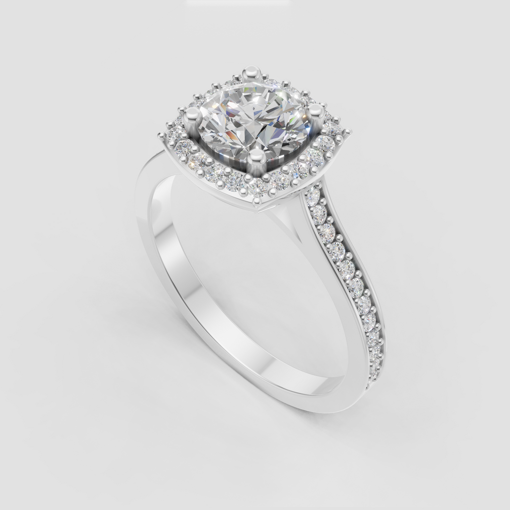 Round cut halo engagement ring with delicate pavé band