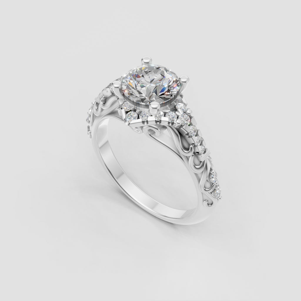 Yellow gold round diamond engagement ring with intricate openwork details