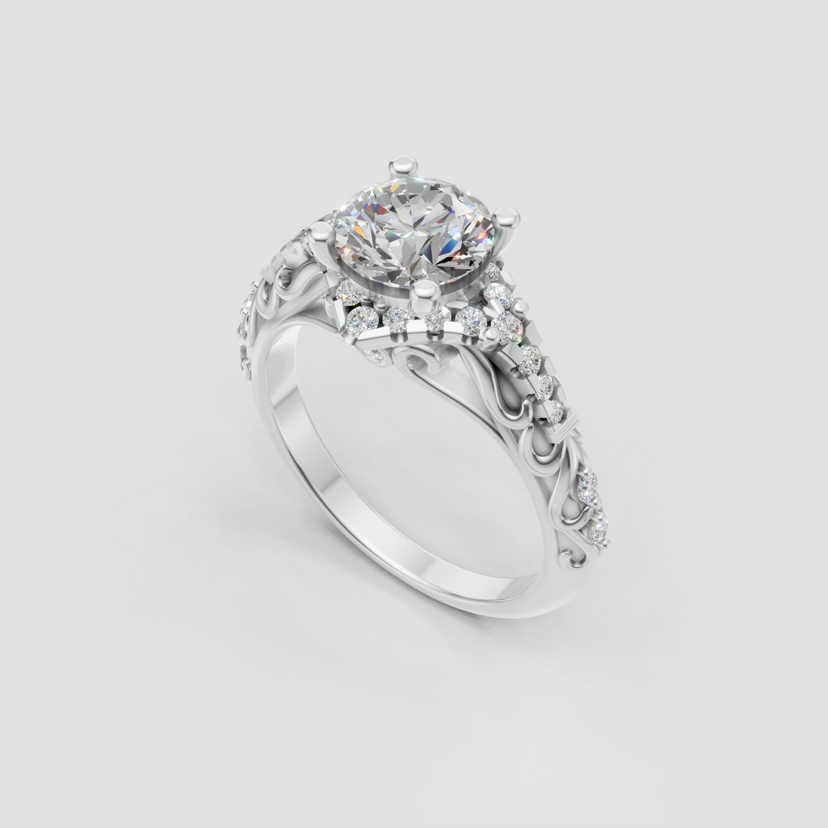 Yellow gold round diamond engagement ring with intricate openwork details