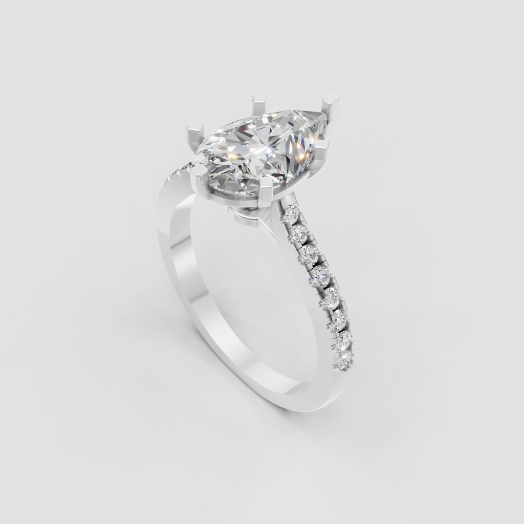 Six-prong pear diamond engagement ring with diamond pavé band