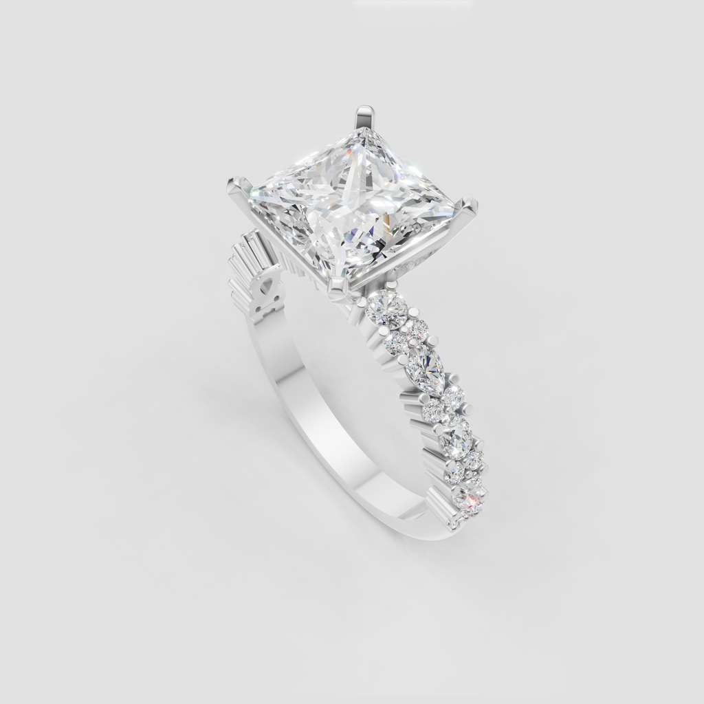 Princess diamond engagement ring with oval and round accent stones