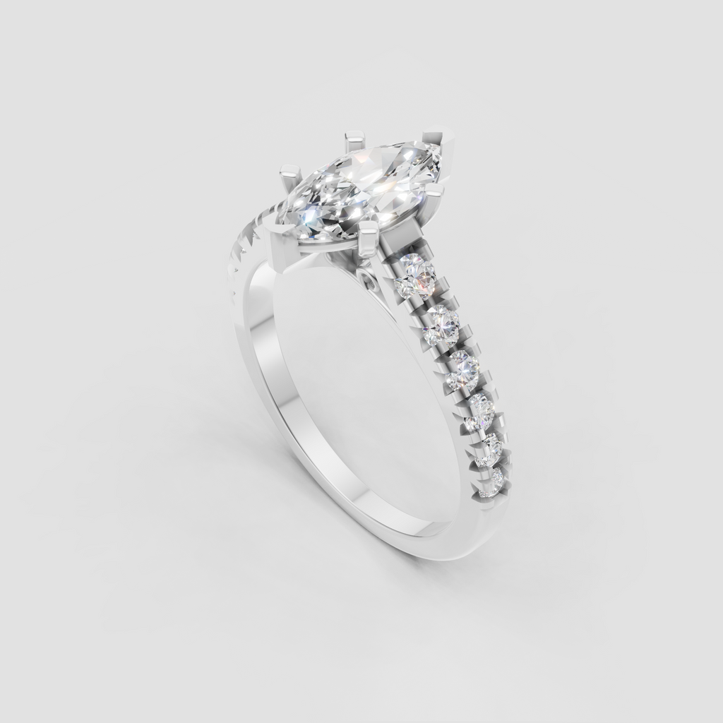 Side view of marquise diamond cathedral ring showing elevated center setting