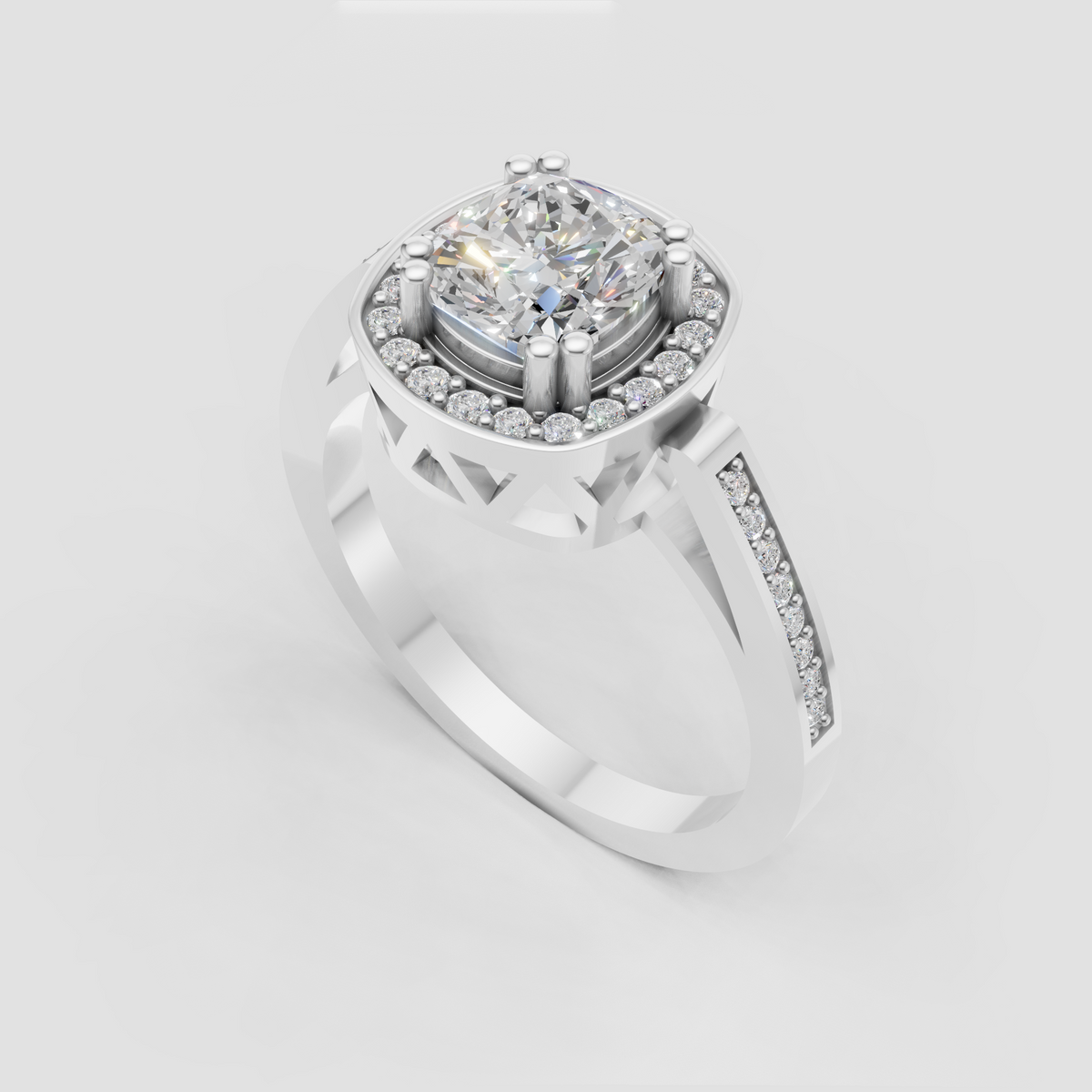 Cushion diamond engagement ring with pavé accented shoulders