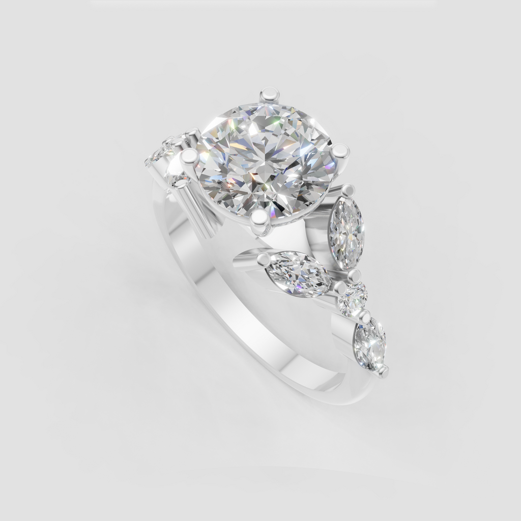 Round center diamond in prong setting with nature inspired cluster design
