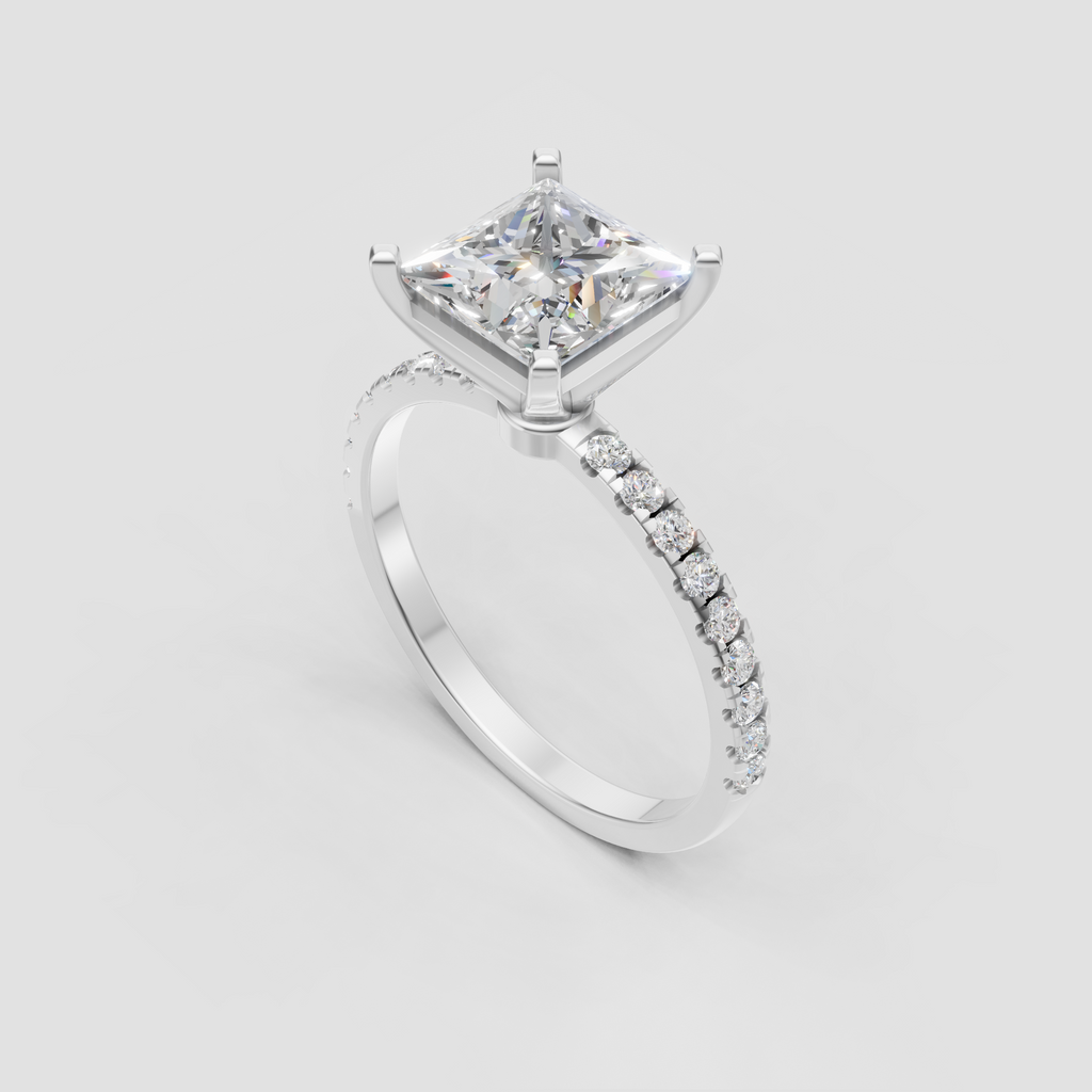 Princess diamond solitaire ring with cathedral-style setting and accent stones