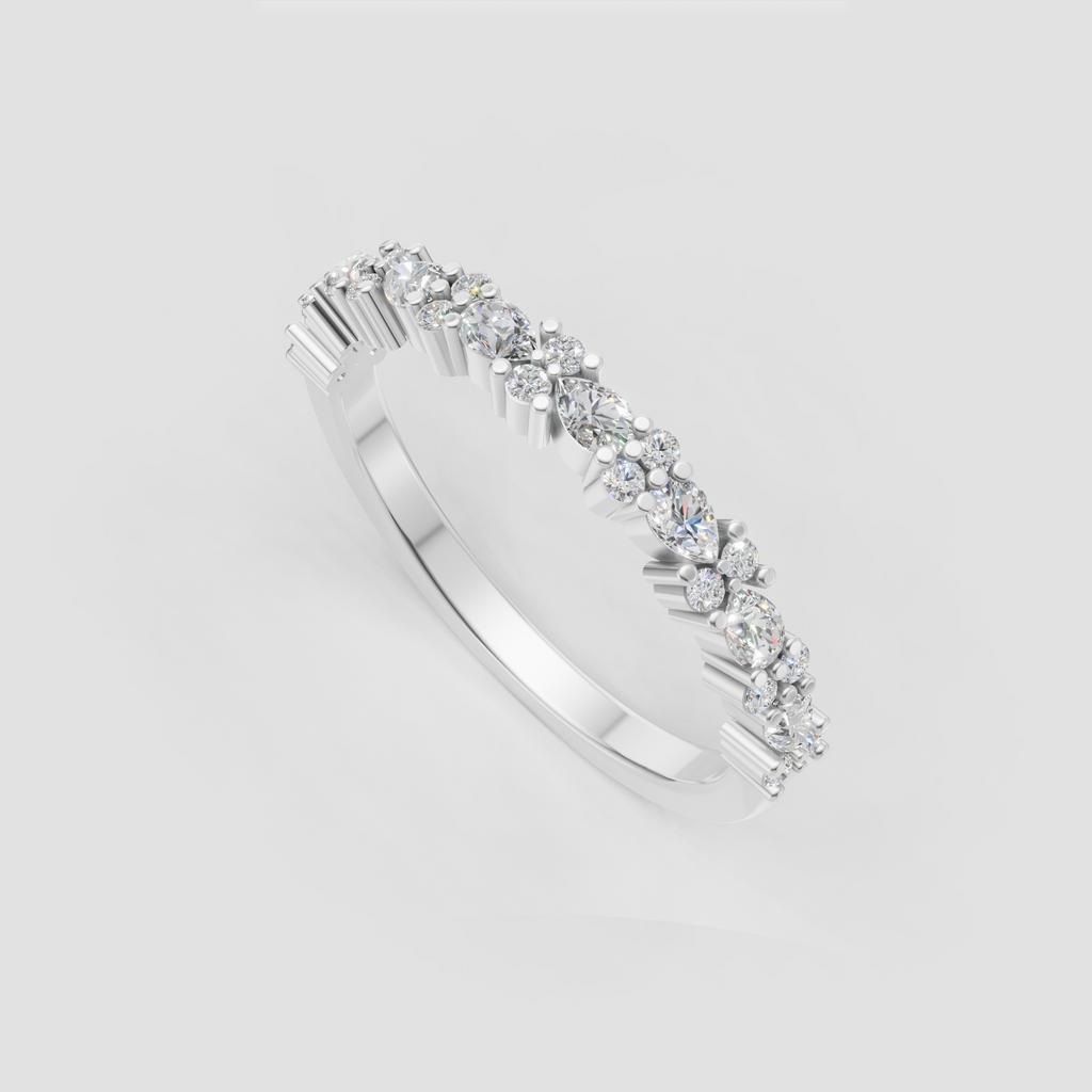 Pear cut half eternity wedding band with round diamonds