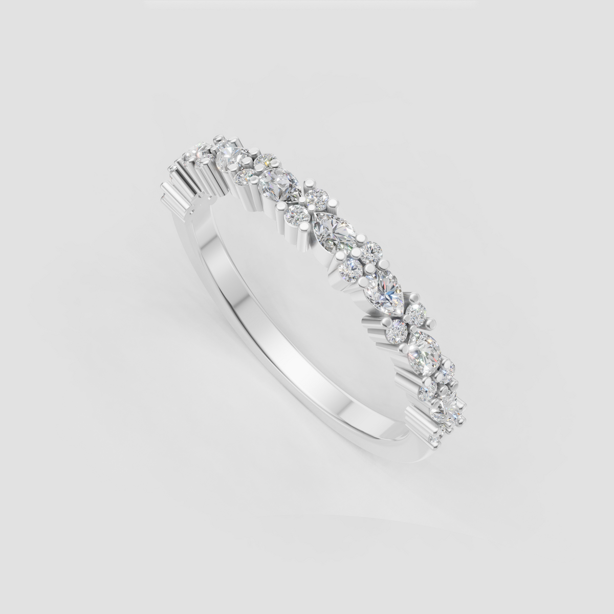 Pear cut half eternity wedding band with round diamonds