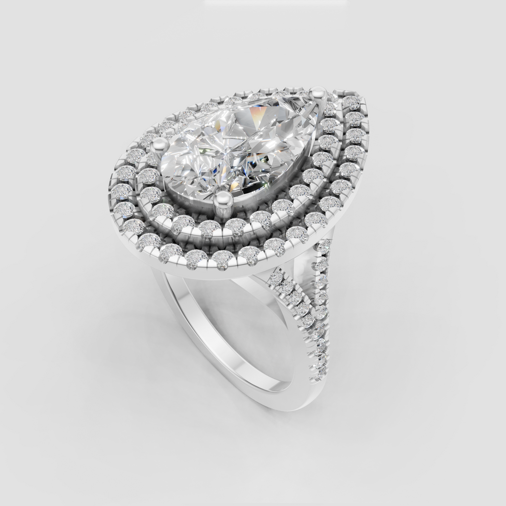 Glamorous pear shaped engagement ring with round stone halo