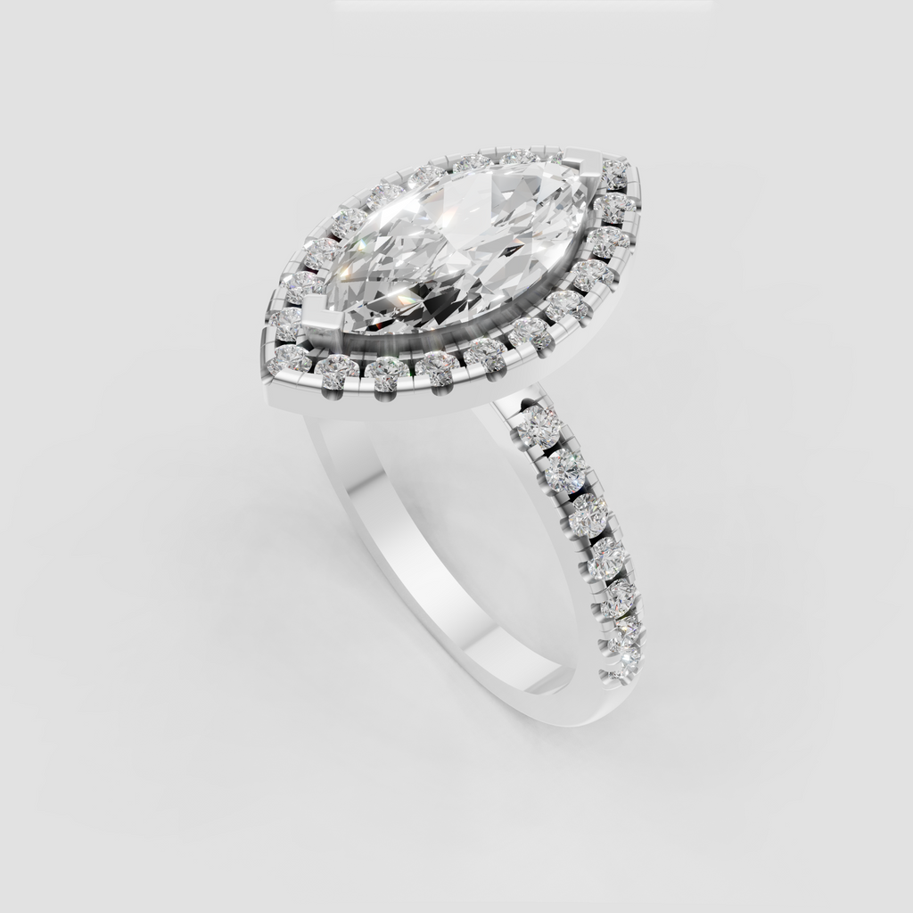 Yellow gold marquise engagement ring with continuous pavé band detailing.