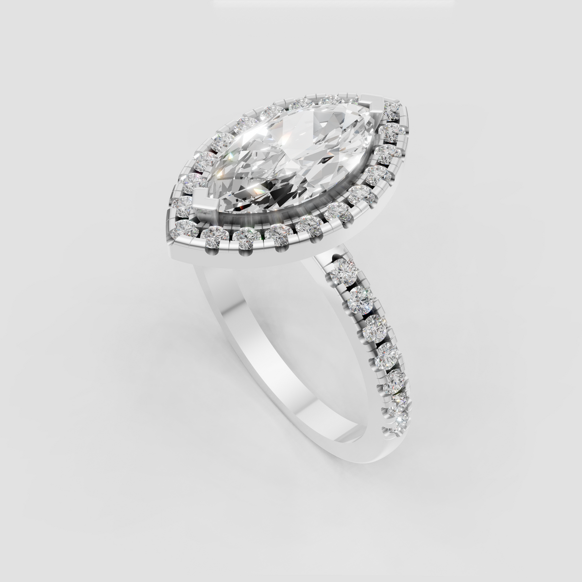 Yellow gold marquise engagement ring with continuous pavé band detailing.