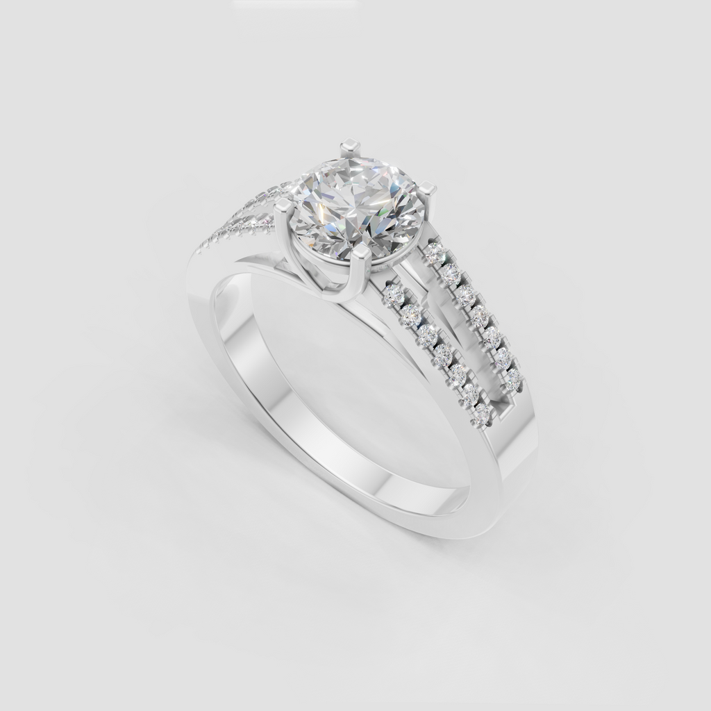 Round Diamond four-prong engagement ring with sparkling split shoulders