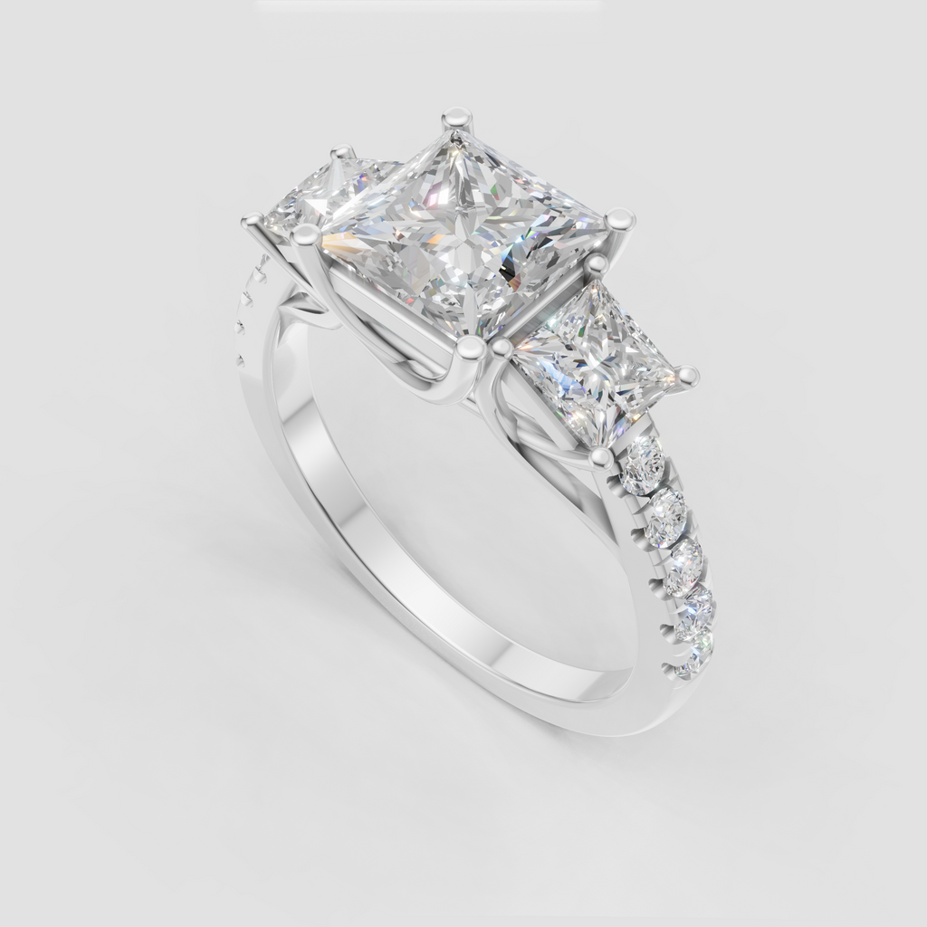 Modern princess cut three stone engagement ring