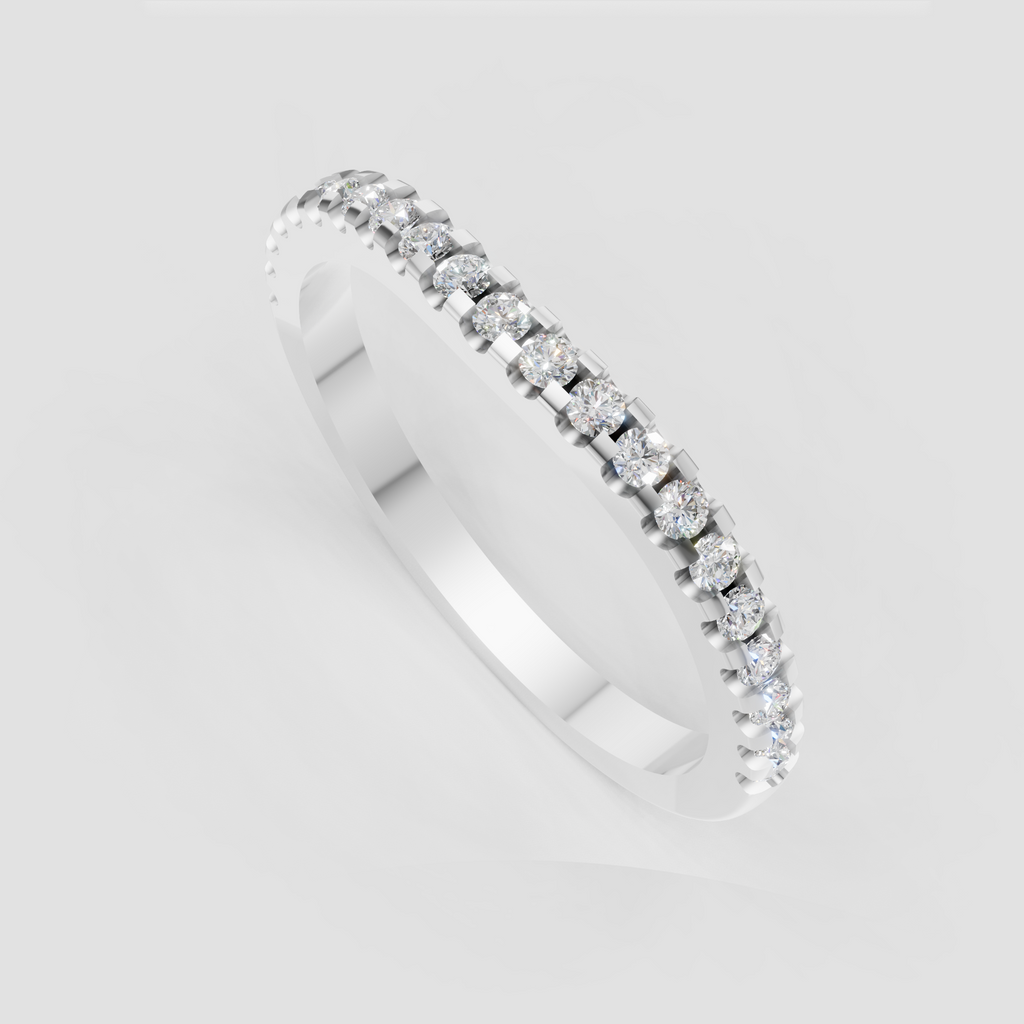 Shared prong round diamond eternity band close-up