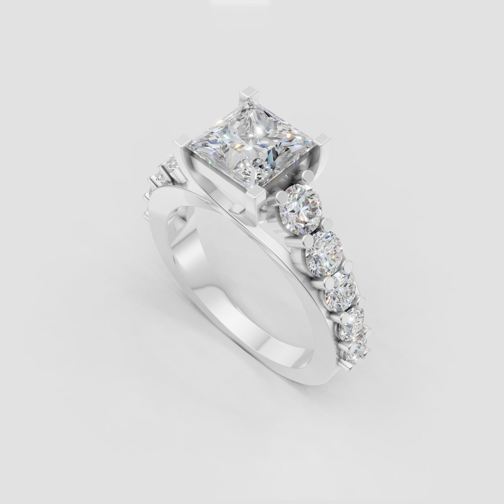 Princess cut center diamond ring with round diamond shoulder accents