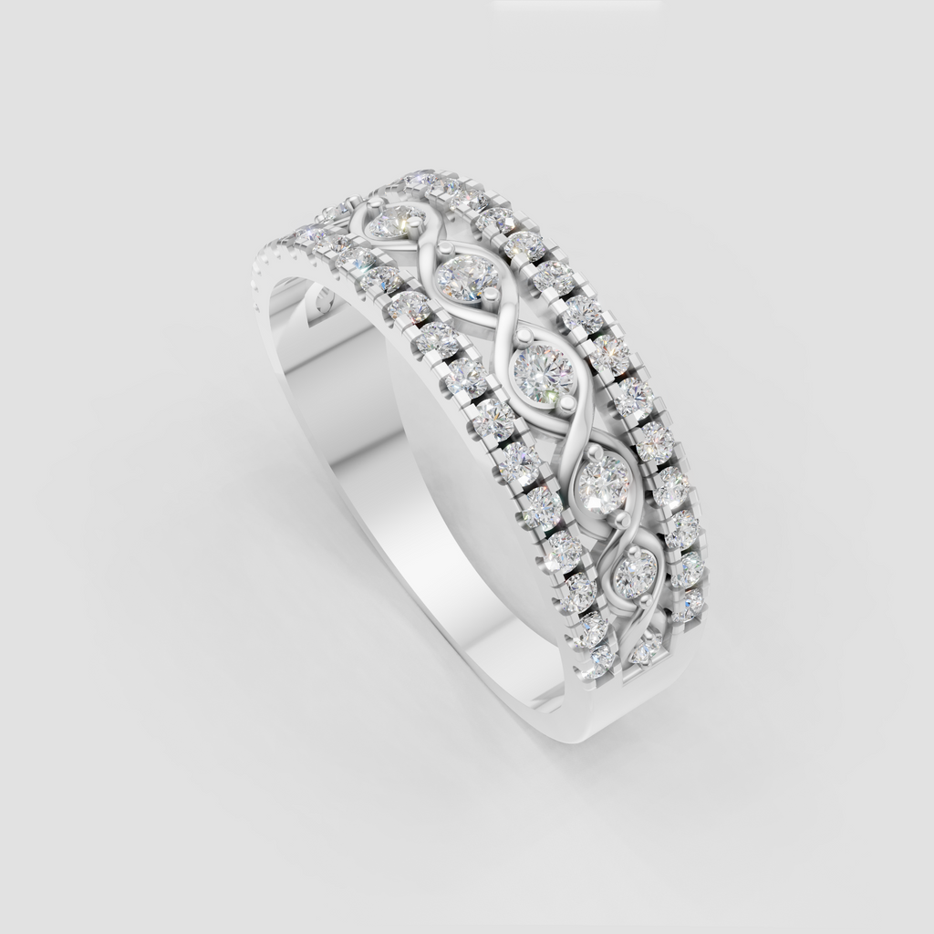 Pavé diamond wedding band with decorative twisted yellow gold design