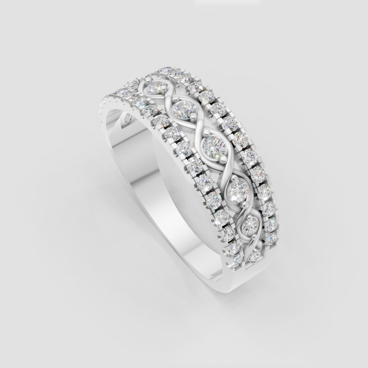 Pavé diamond wedding band with decorative twisted yellow gold design