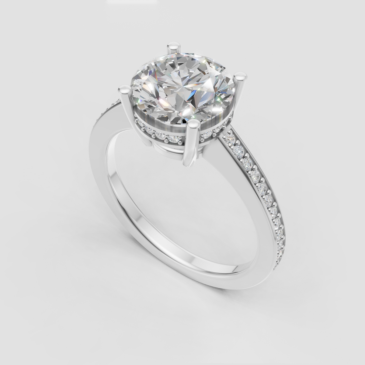 Classic round diamond engagement ring with a polished gold band and hidden halo.