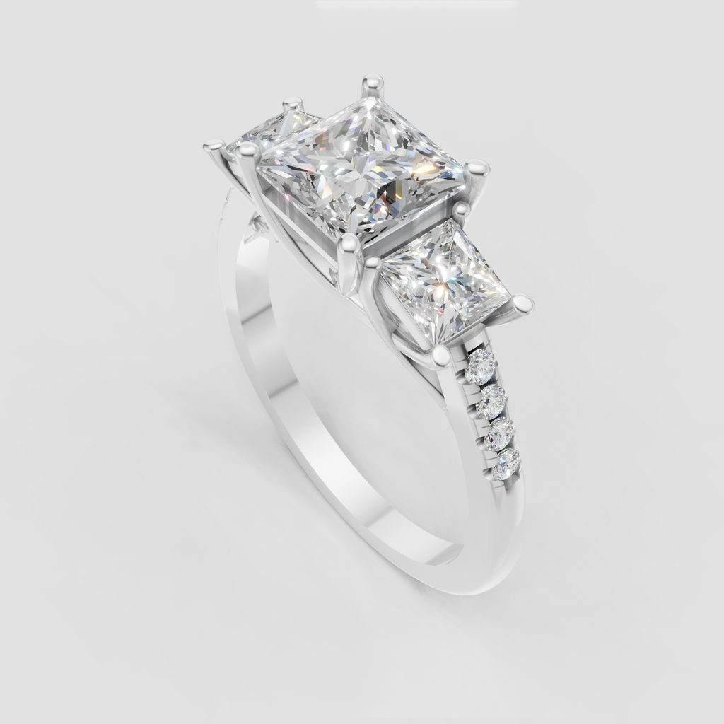 Yellow gold princess cut diamond ring with three-stone prong setting