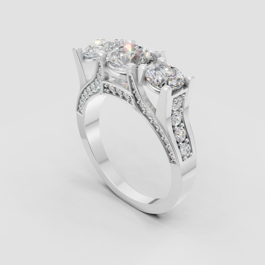 Three-stone diamond engagement ring featuring a cathedral-style band