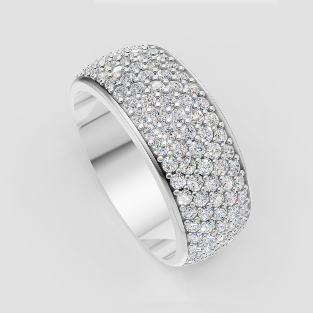 Wide round diamond wedding band with intricate bead-set pavé design