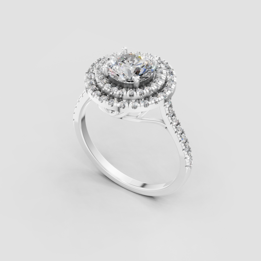 Close-up of round cut diamond double halo engagement ring