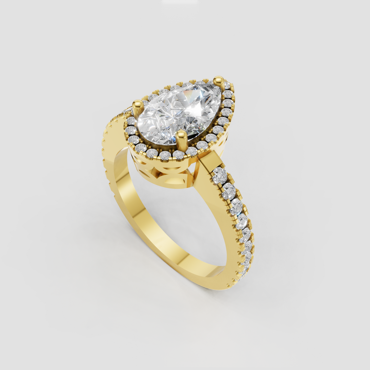 Pear shaped diamond engagement ring with full halo setting