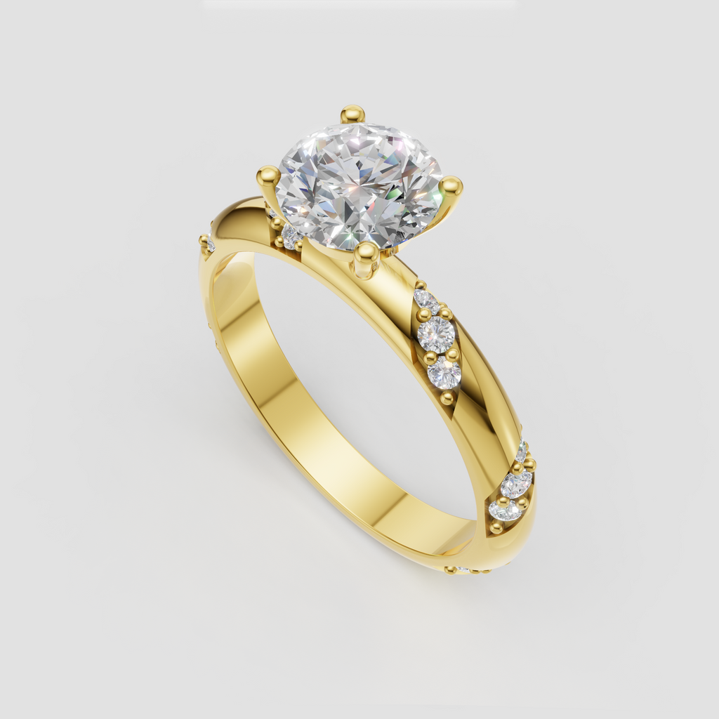 Round diamond engagement ring with prong setting and pavé shoulders