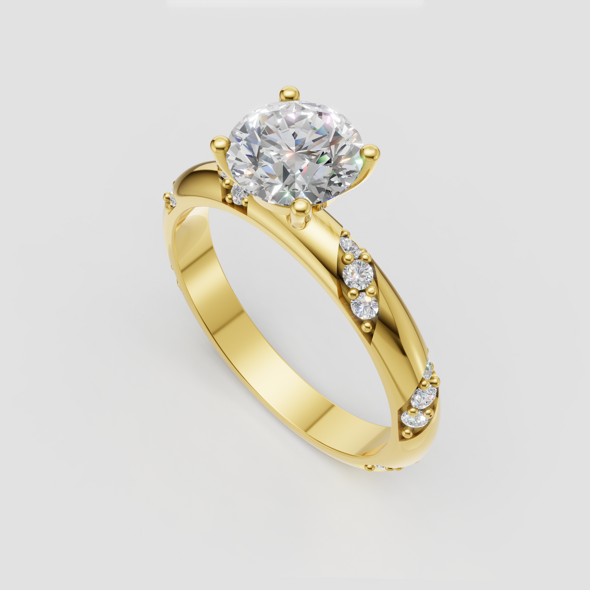 Round diamond engagement ring with prong setting and pavé shoulders