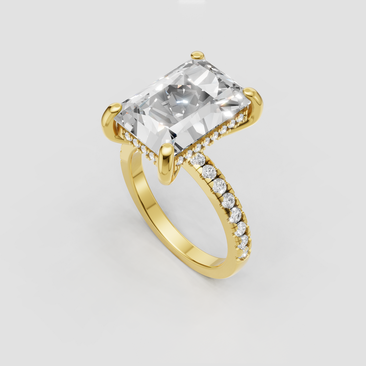 Radiant cut Diamond engagement ring with hidden halo and sparkling pave band