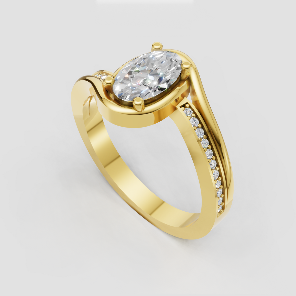 Oval cut diamond bypass ring with polished yellow gold band and pave accents