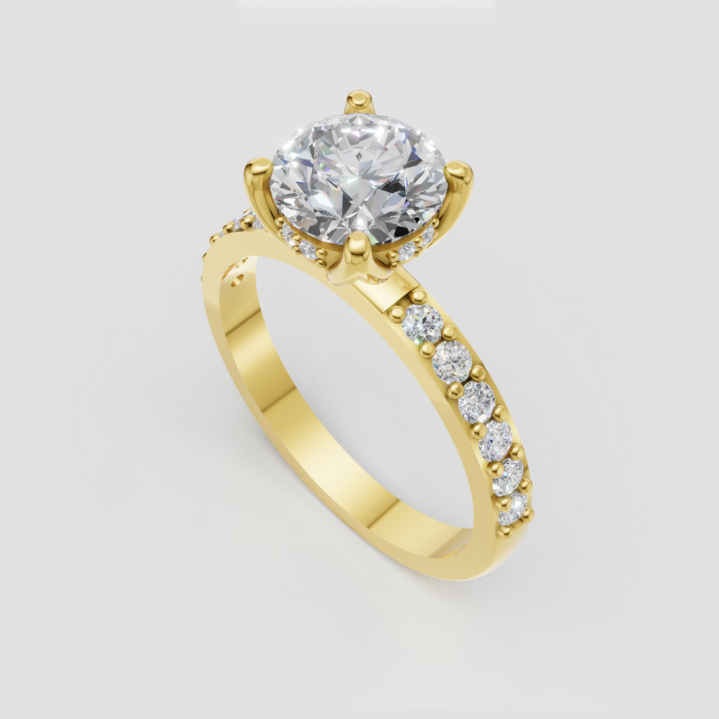Round brilliant diamond engagement ring with floral pavé shoulders