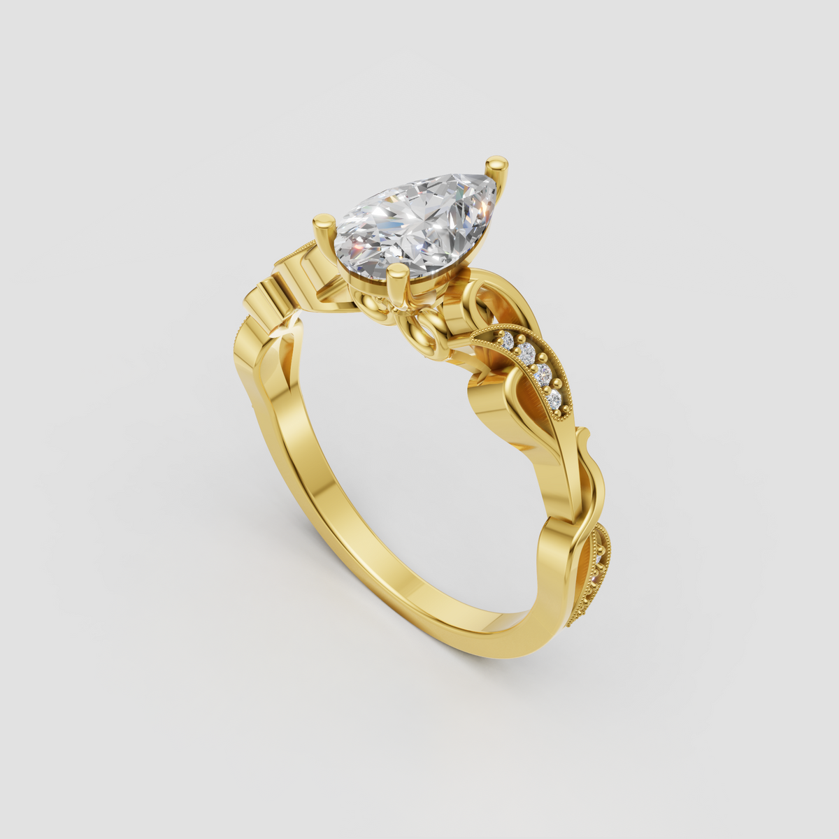 Pear shaped diamond vintage engagement ring with ornate scrollwork