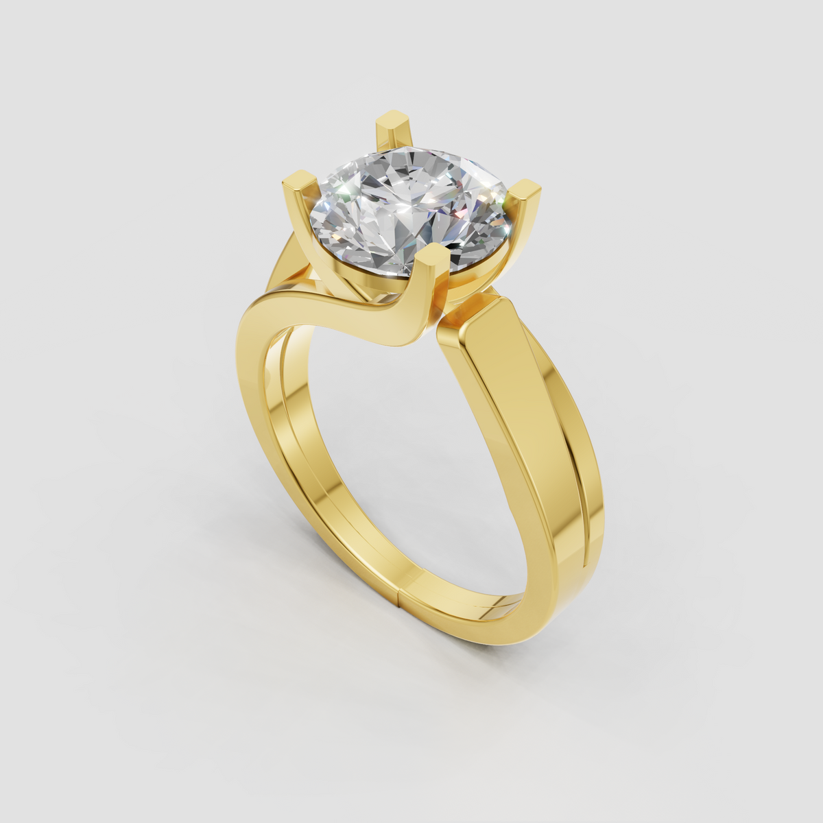 Round diamond engagement ring featuring a crossover split shank band