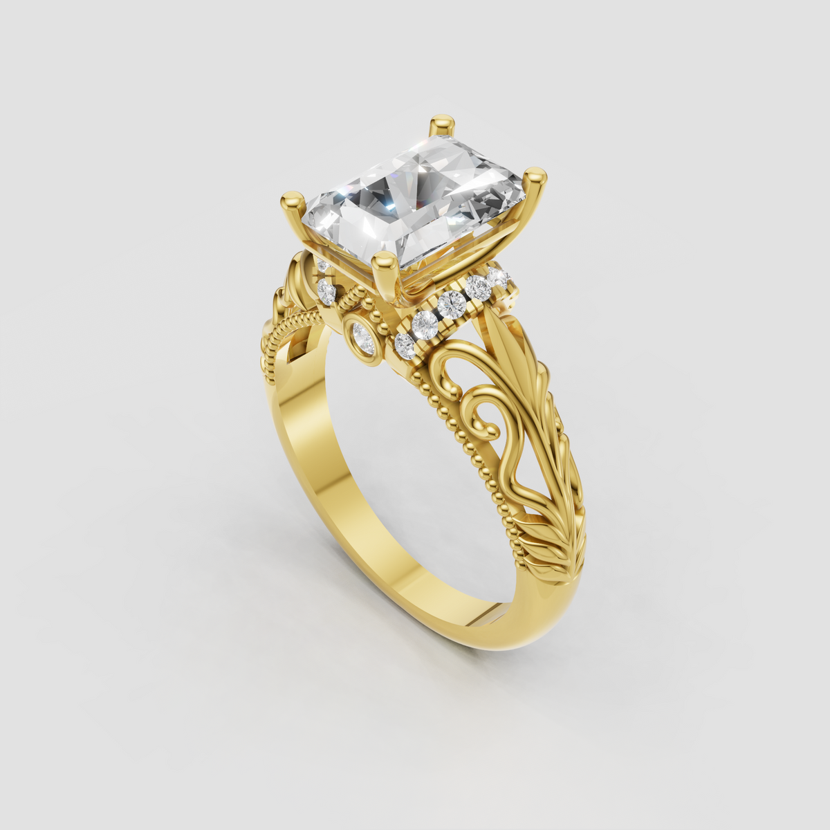 Vintage radiant diamond engagement ring with intricate yellow gold scrollwork