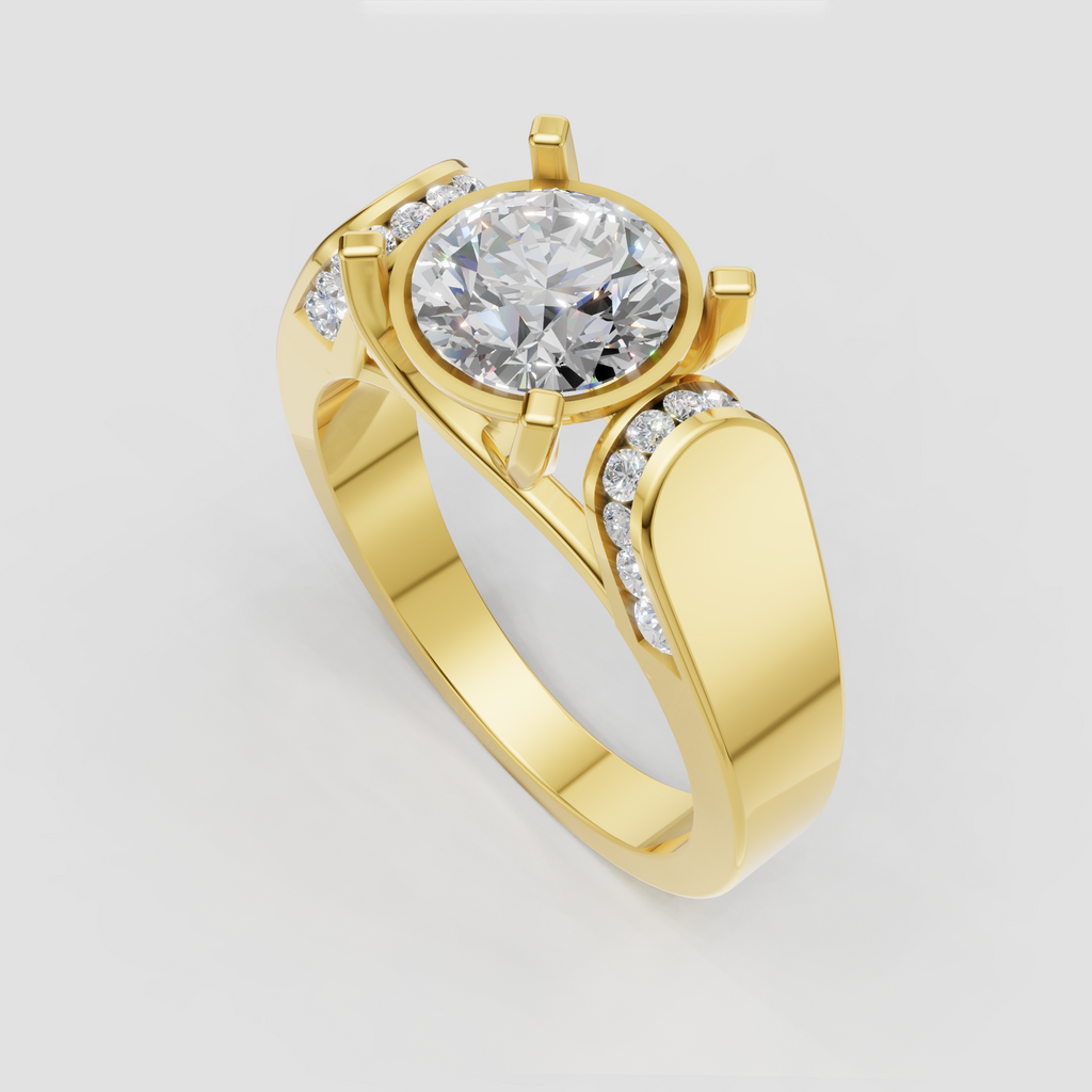 Round diamond four-prong engagement ring with side stones