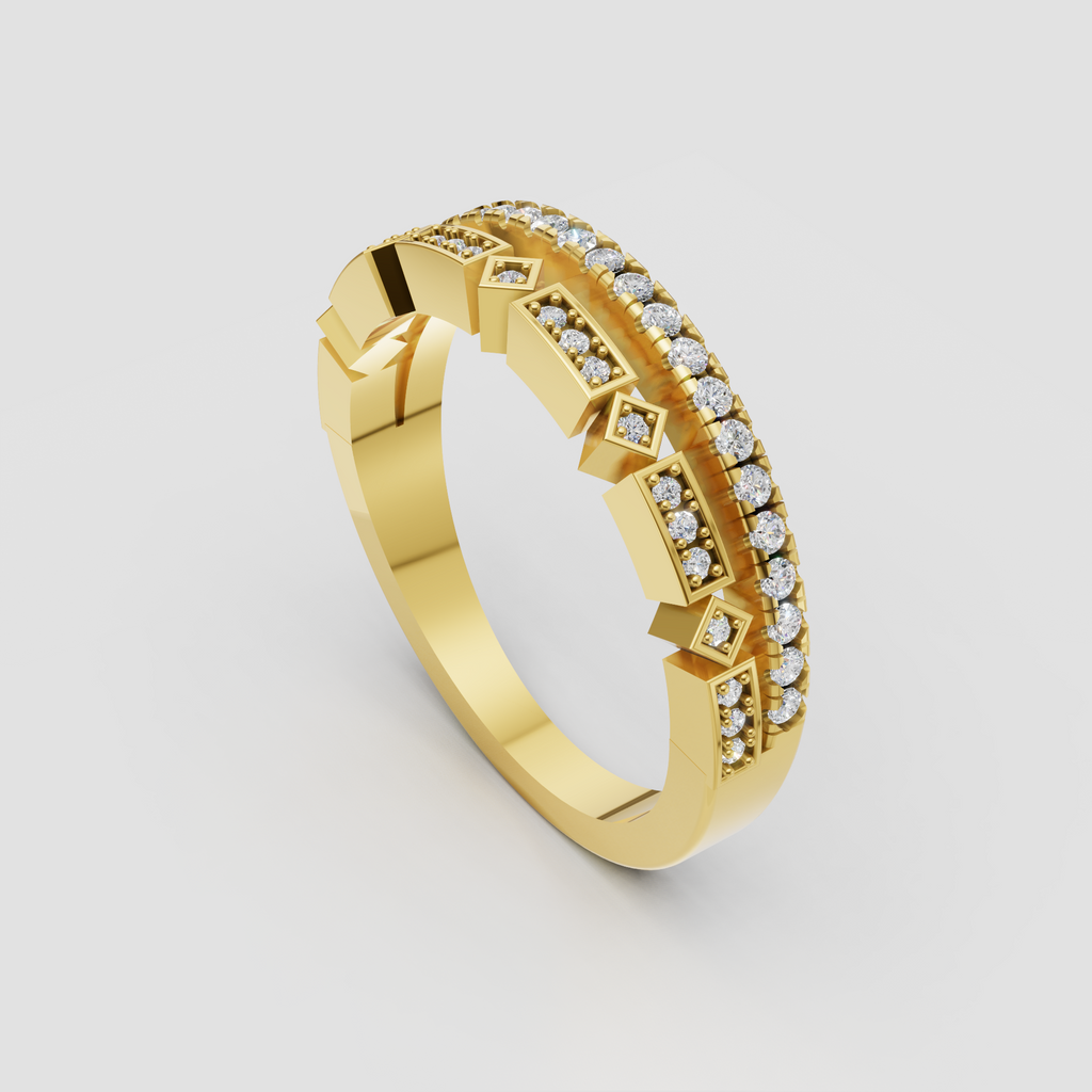 Yellow gold round diamond eternity ring with geometric detailing
