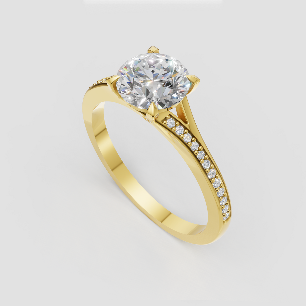 Round brilliant diamond engagement ring with pavé shoulders
