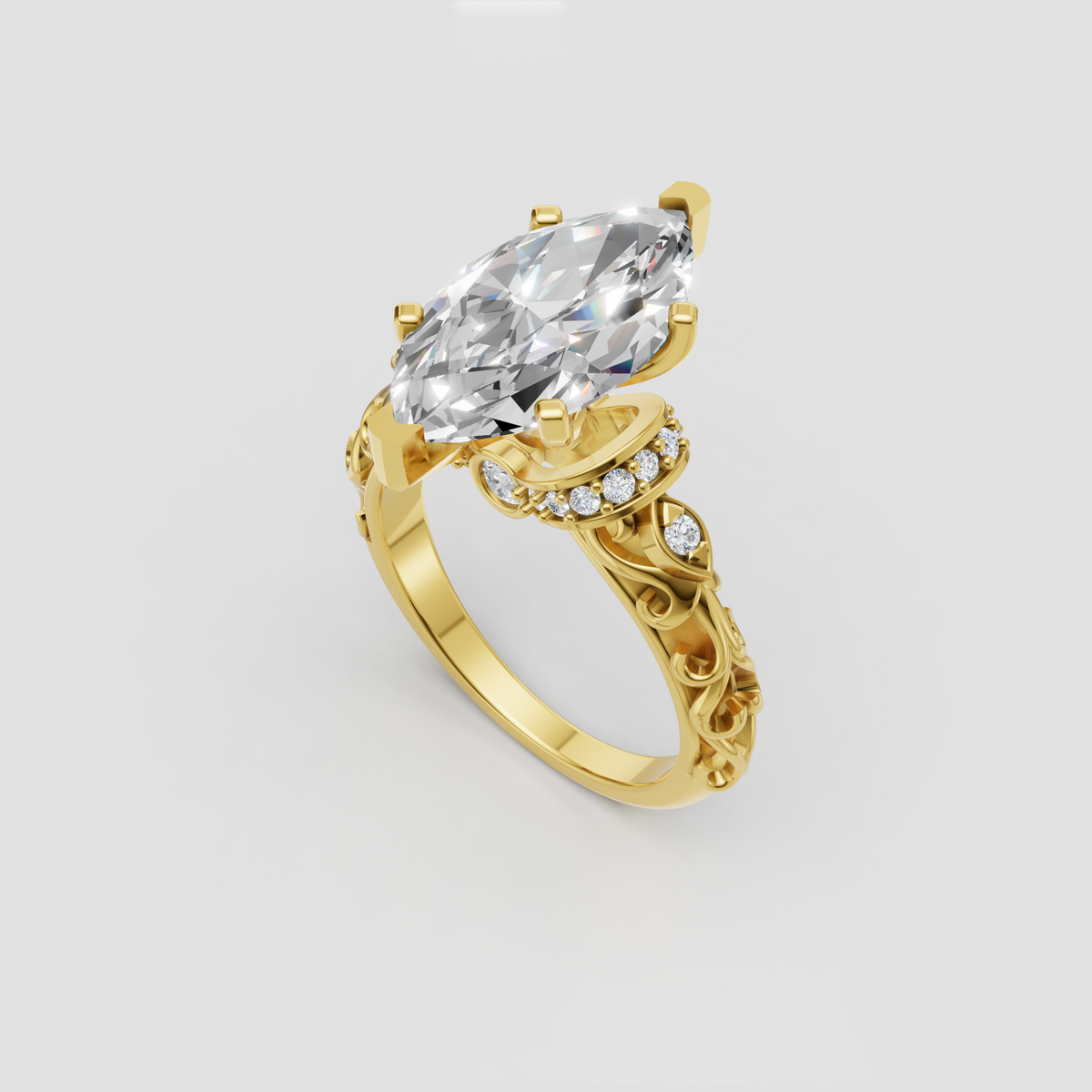 Vintage marquise diamond ring with intricate yellow gold scrollwork