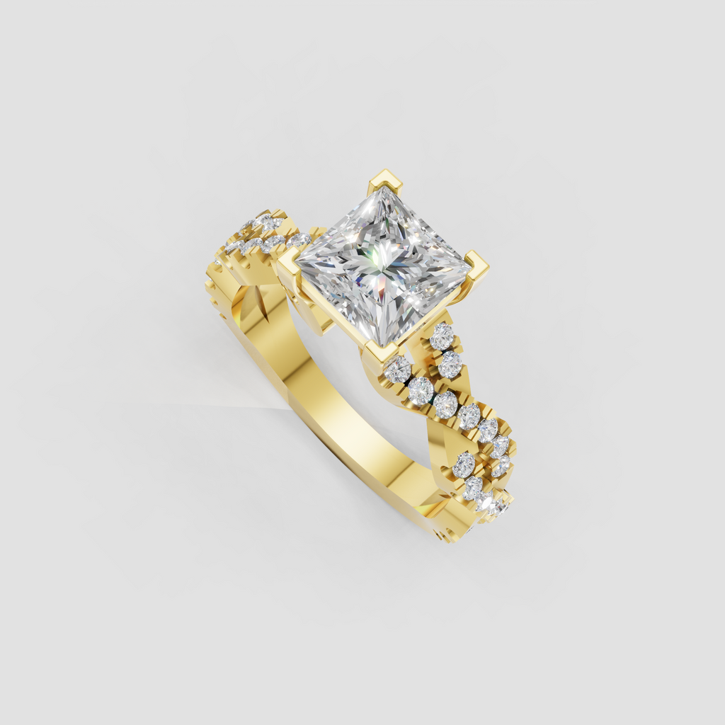 Princess diamond engagement ring with crossover pavé diamond band
